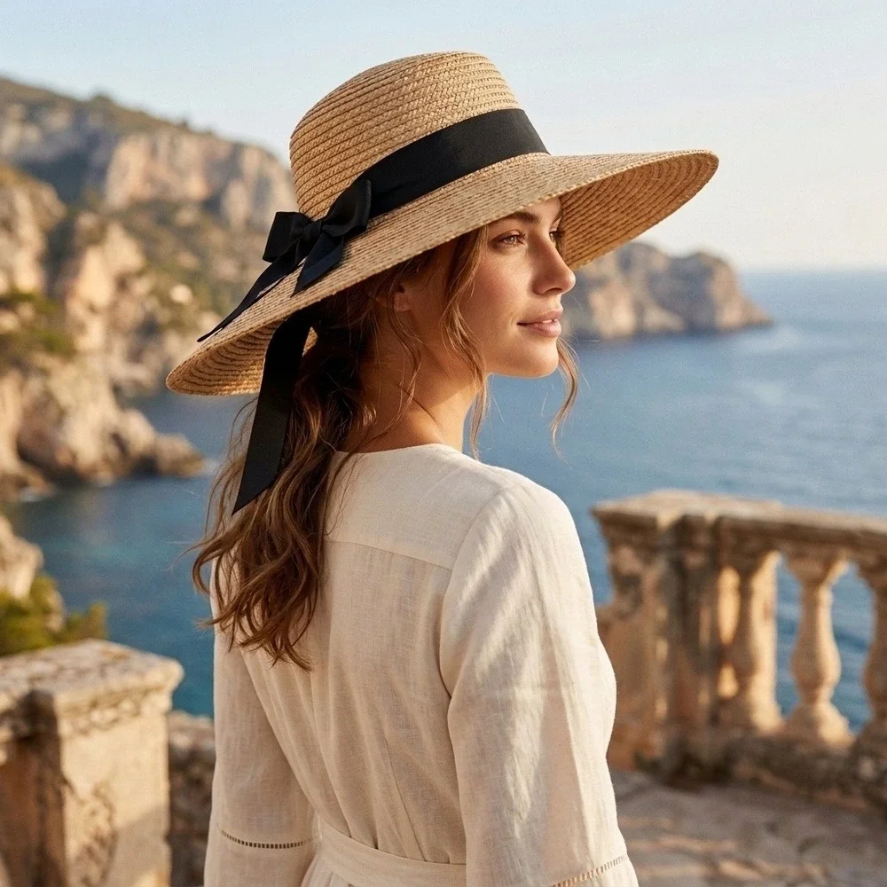 Woven Straw Hat Women Wide Brim Tan with Black Ribbon Bow Accent Summer Beach